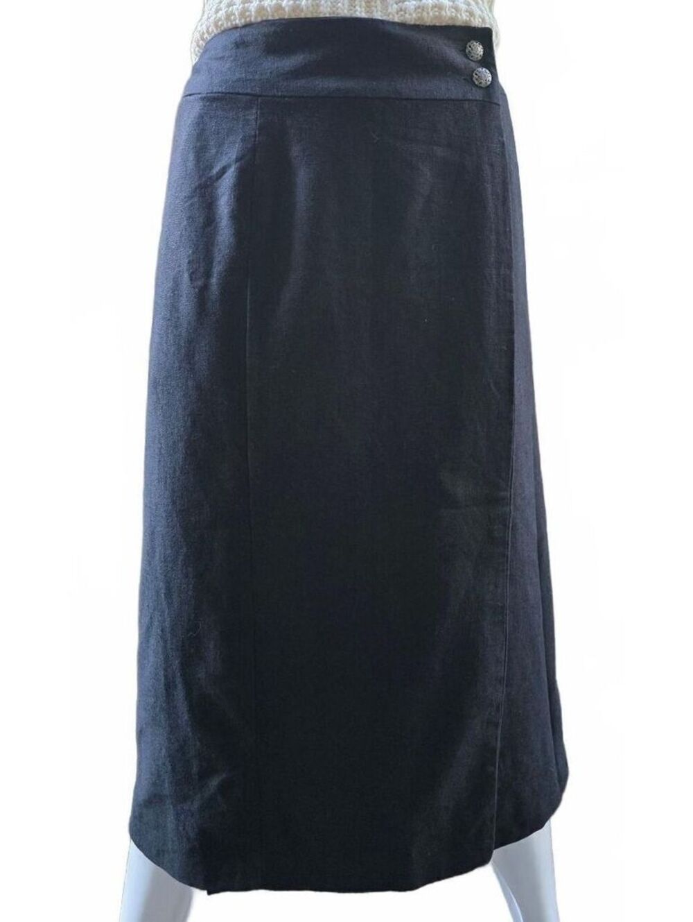 Vintage Marieka Bowen Island Black Linen Cotton Wrap Skirt 32 Minimalist Midi